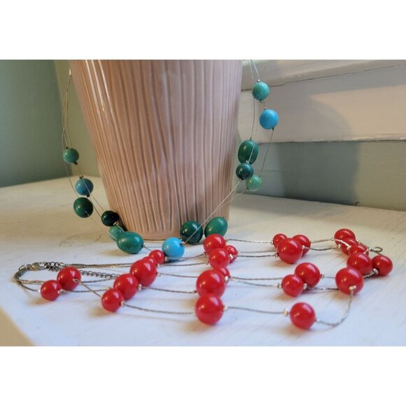 Bundle of Two Beaded Necklaces, Turquoise Blue, Green, Red, Silver Tone - Picture 4 of 4